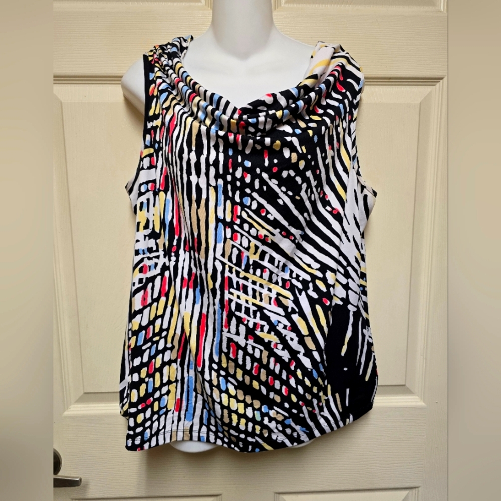 Peter Nygard Women's SzXL V-Neck Drap Sleeveless Silky Multi-Color Top